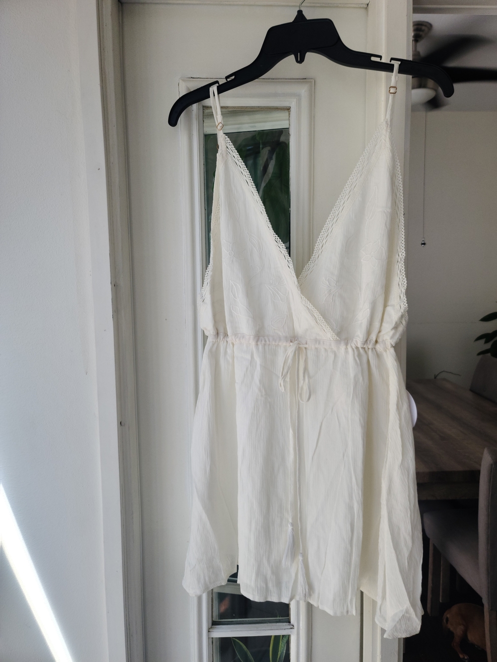 Cream Spaghetti-Strap Mini Dress with V-Neck